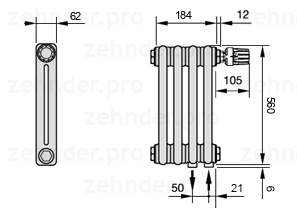 Схема (чертеж) Радиатор Zehnder Charleston 2056/4 №V002 Белый глянцевый RAL 9016